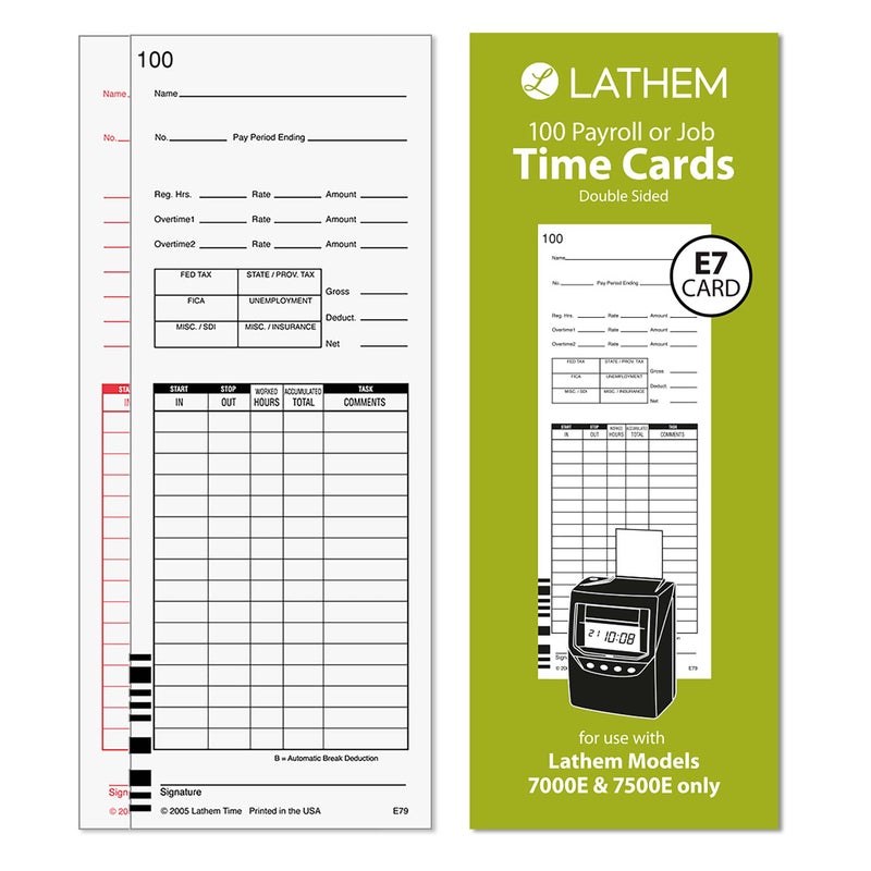 Lathem بطاقات وقت العمل/الرواتب العالمية من لاثم، مزدوجة الوجه، لساعة لاثم 7000E / 7500E، عبوة 100، E79-100، بيضاء - Image 1